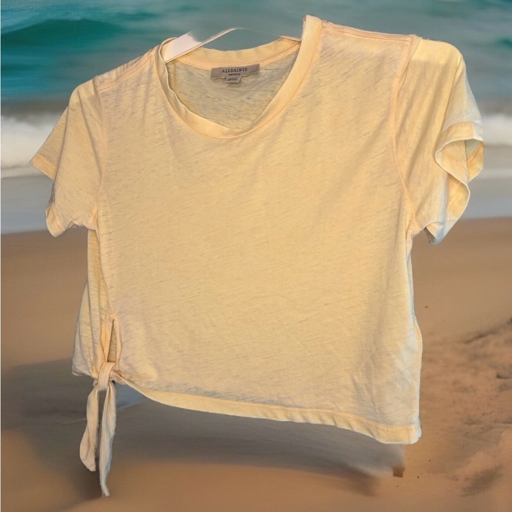AllSaints Tujen Side Tie Cropped Cotton Blend Tshirt Women’s Size Medium Yellow